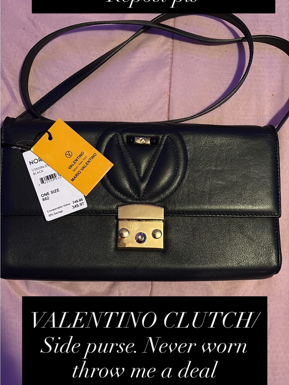 Valentino Black Leather Shoulder Clutch with Gold Hardware